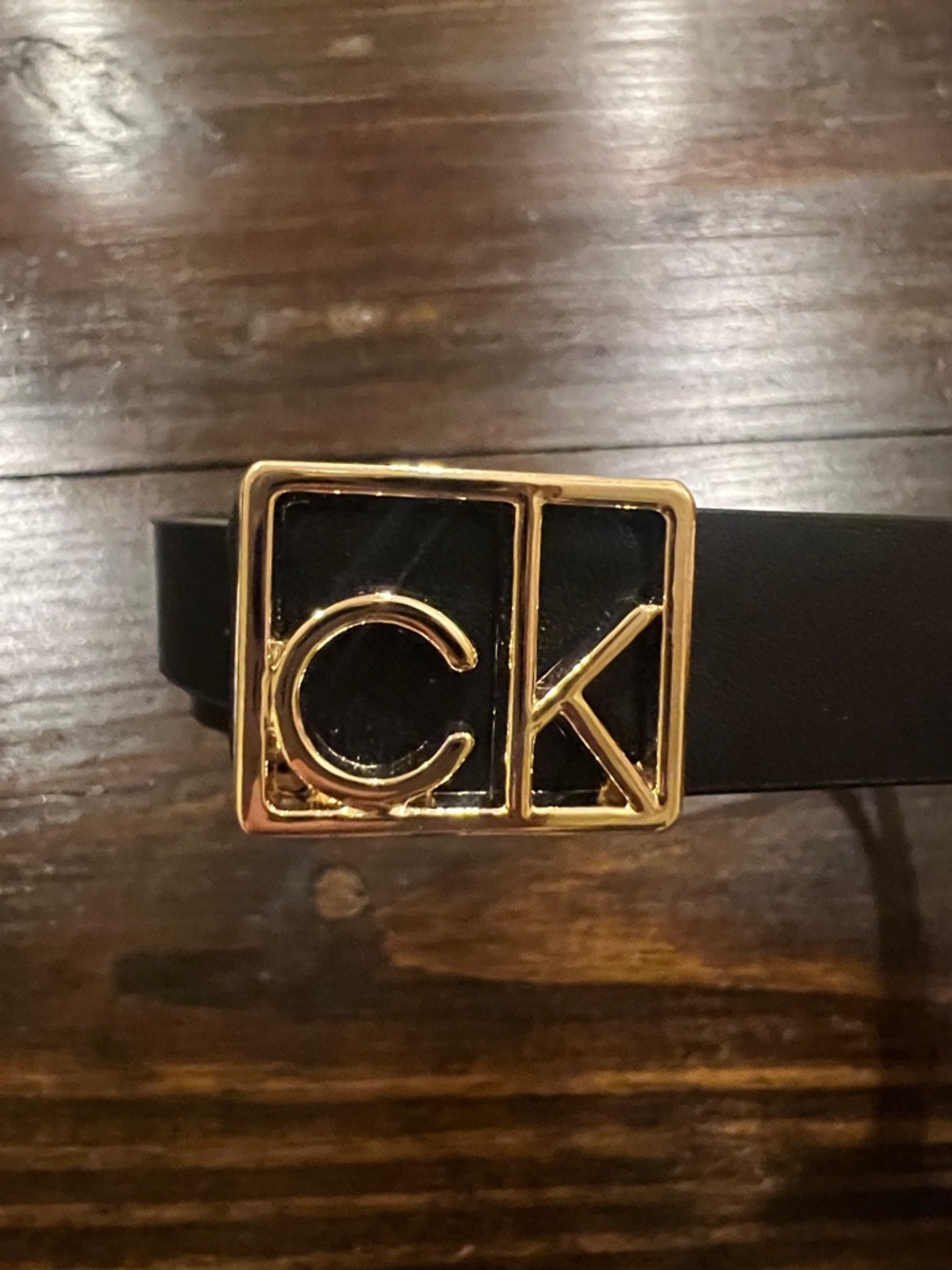 Calvin Klein Black Belt with Gold CK Logo Buckle - Size S/M
